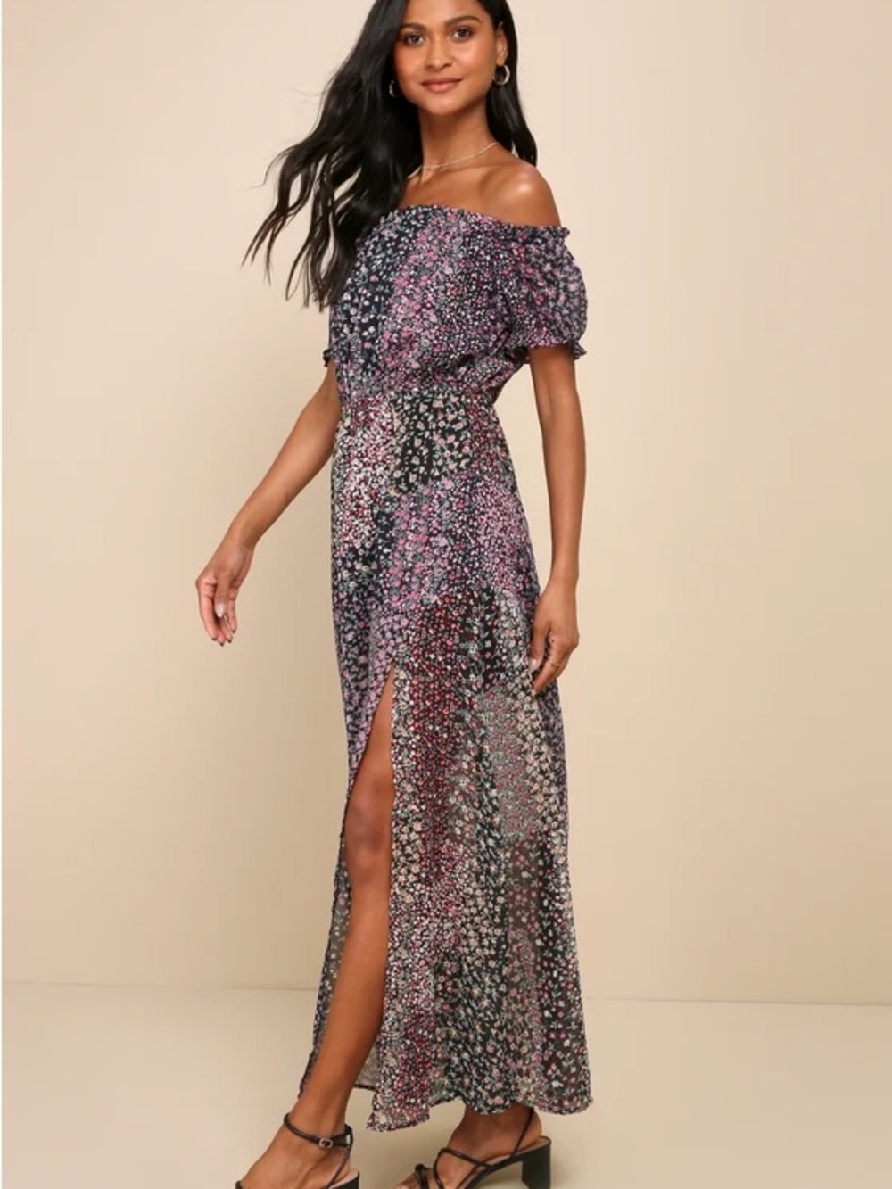 Lulus Neva Navy Blue Floral Print Off-the-shoulder Maxi Dress - Size L - Picture 6 of 14